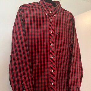 Fred Perry button dress shirt slim fit red black plaid, S. Mod, oi, retro, UK.